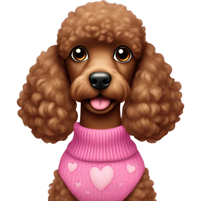 brown poodle in pink sweater with hearts emoji