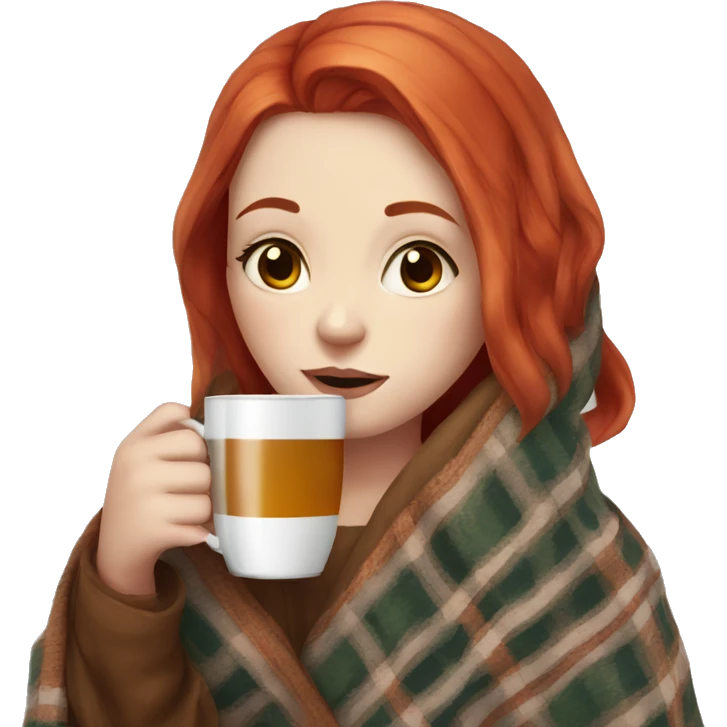pale girl with red hair and wrapped in a plaid blanket and drinking tea emoji