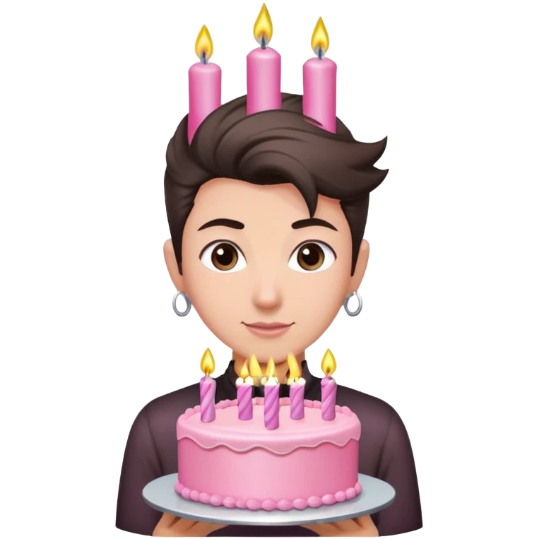 Persona con cabello recogido, camisa café oscura y pastel rosado de cumpleaños con velas plateadas  emoji