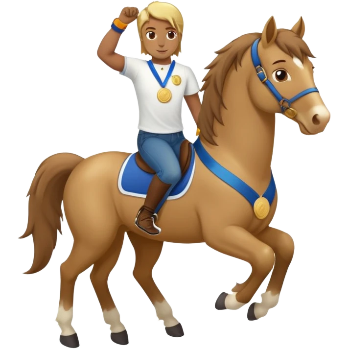 friendly anthropomorphised stallion in jeans and a t-shirt, standard pose, wearing a gold medal emoji