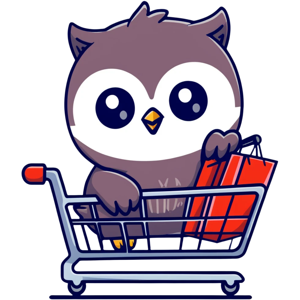 Cute Twilio owl standing in a shopping cart emoji