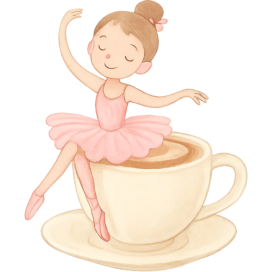 a playful and light ballerina sitting on the rim of a cappuccino cup, pastel colors, no background emoji