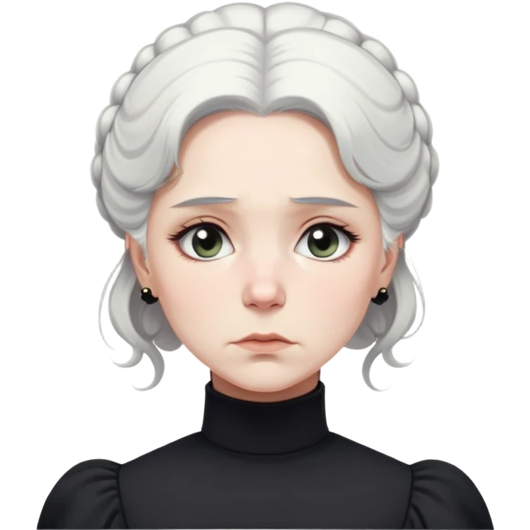A Victorian woman with simple coiffed white hair and light eyes wearing a simple monochrome black turtleneck mourning dress with puffed sleeves looking down with a forlorn, miserable expression emoji