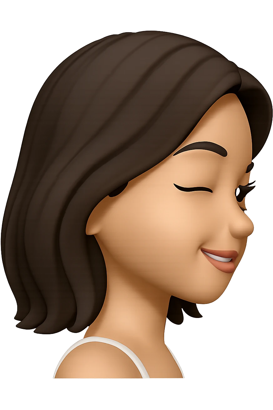 Create a side profile view of this girl's head in Apple emoji style with a winking expression, 3D look, and soft shading on a transparent background. Maintain the Apple emoji style characteristics with a 3D appearance and soft shading. emoji