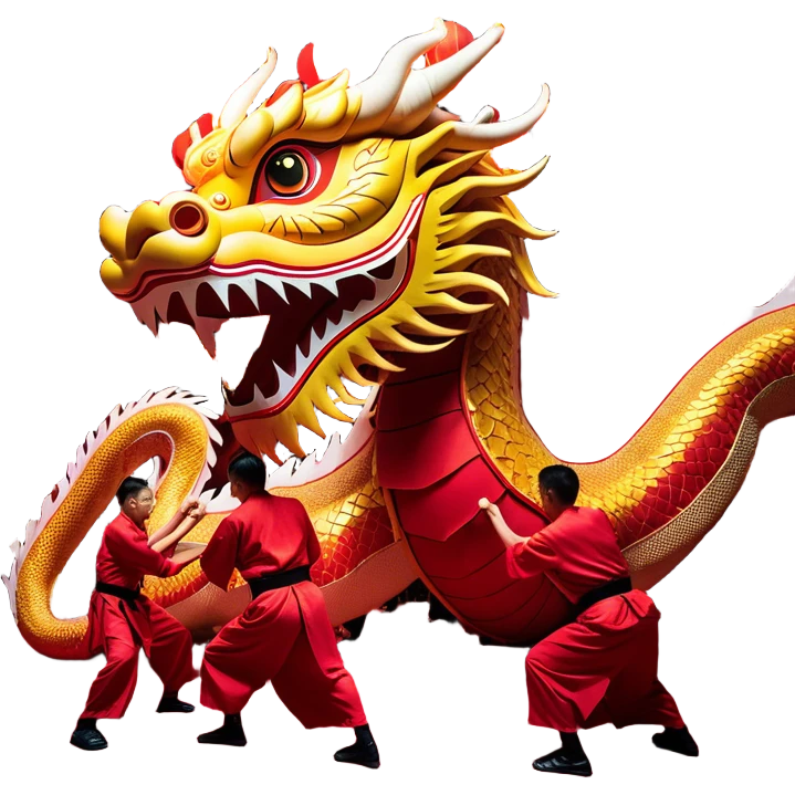 Cinematic Realistic scene of a traditional Chinese Dragon Dance featuring a team of performers skillfully manipulating a colossal, flexible dragon puppet, its intricately detailed, vibrant scales and flowing, embroidered fabric catching the light, set against a festive backdrop of red lanterns and dynamic red-tinged lighting that accentuates the majestic presence of the dragon puppet. emoji