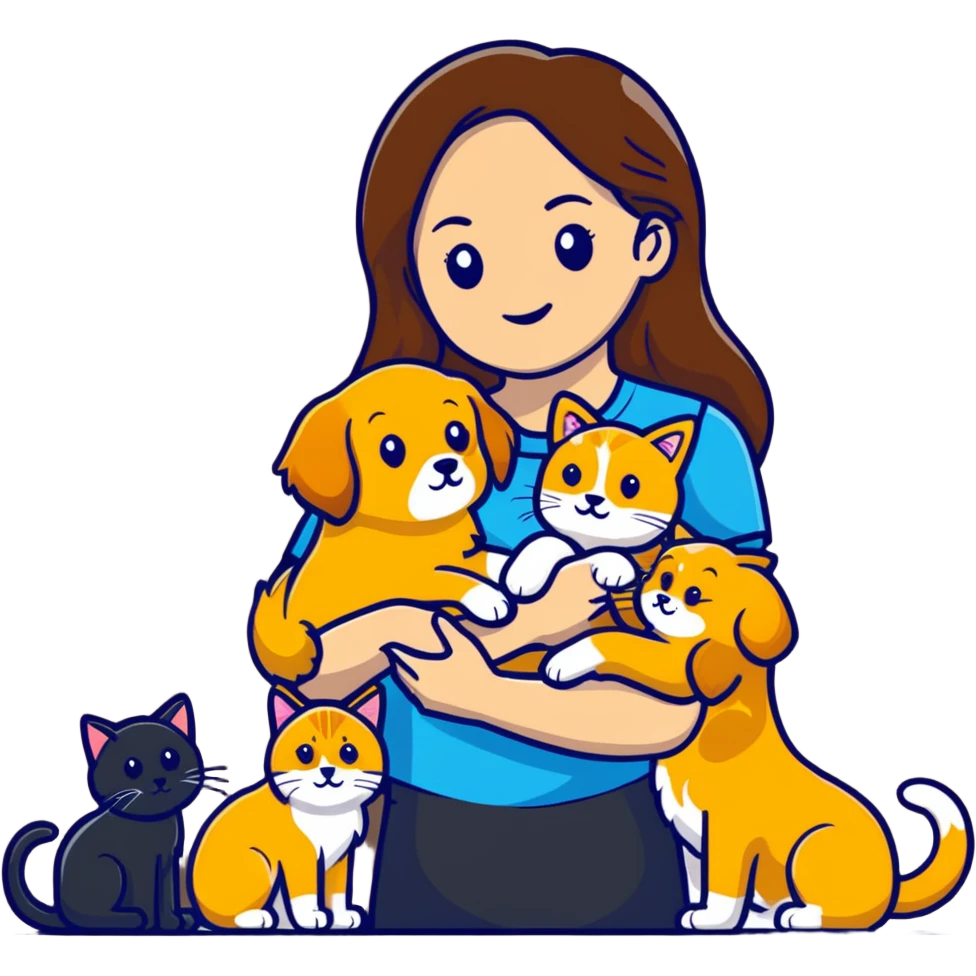 Beautiful woman with long brown hair holding a golden retriever and three cats emoji
