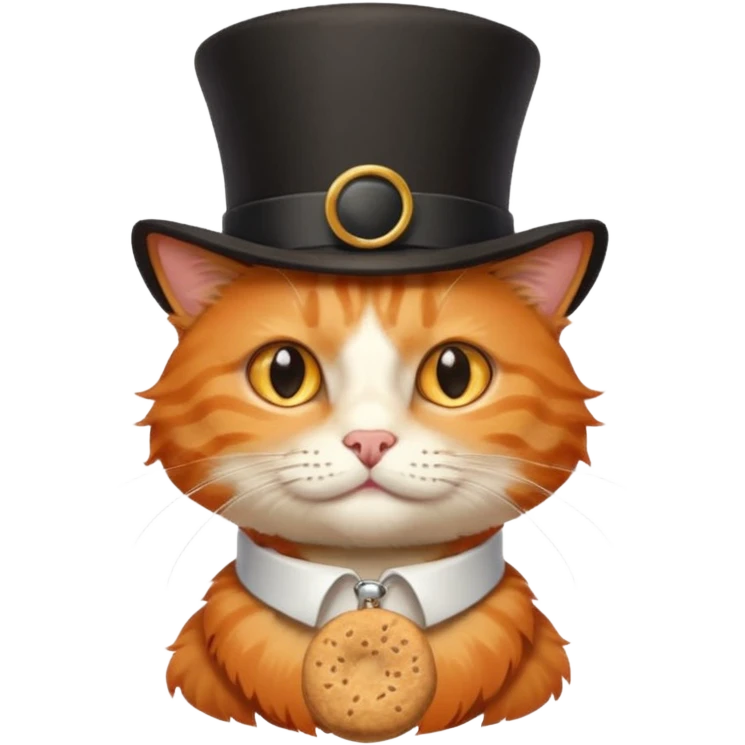 Orange cat wearing a top hat and collar that says snickerdoodle  emoji
