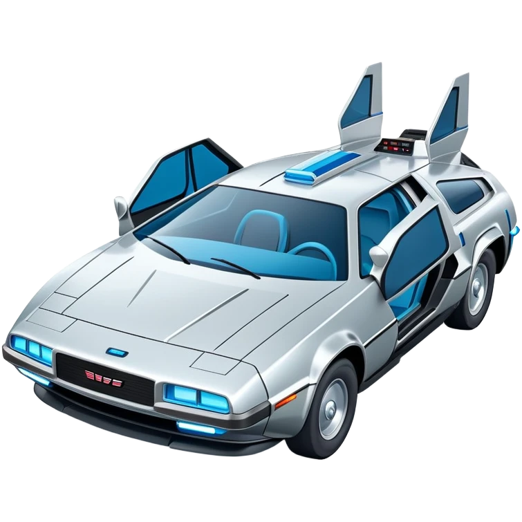 Retro-futuristic hover car inspired by the DeLorean, gullwing doors, silver metallic body with blue-tinted windows, stylized jet boosters in the back, flat vector style, outlined shapes, minimal design emoji