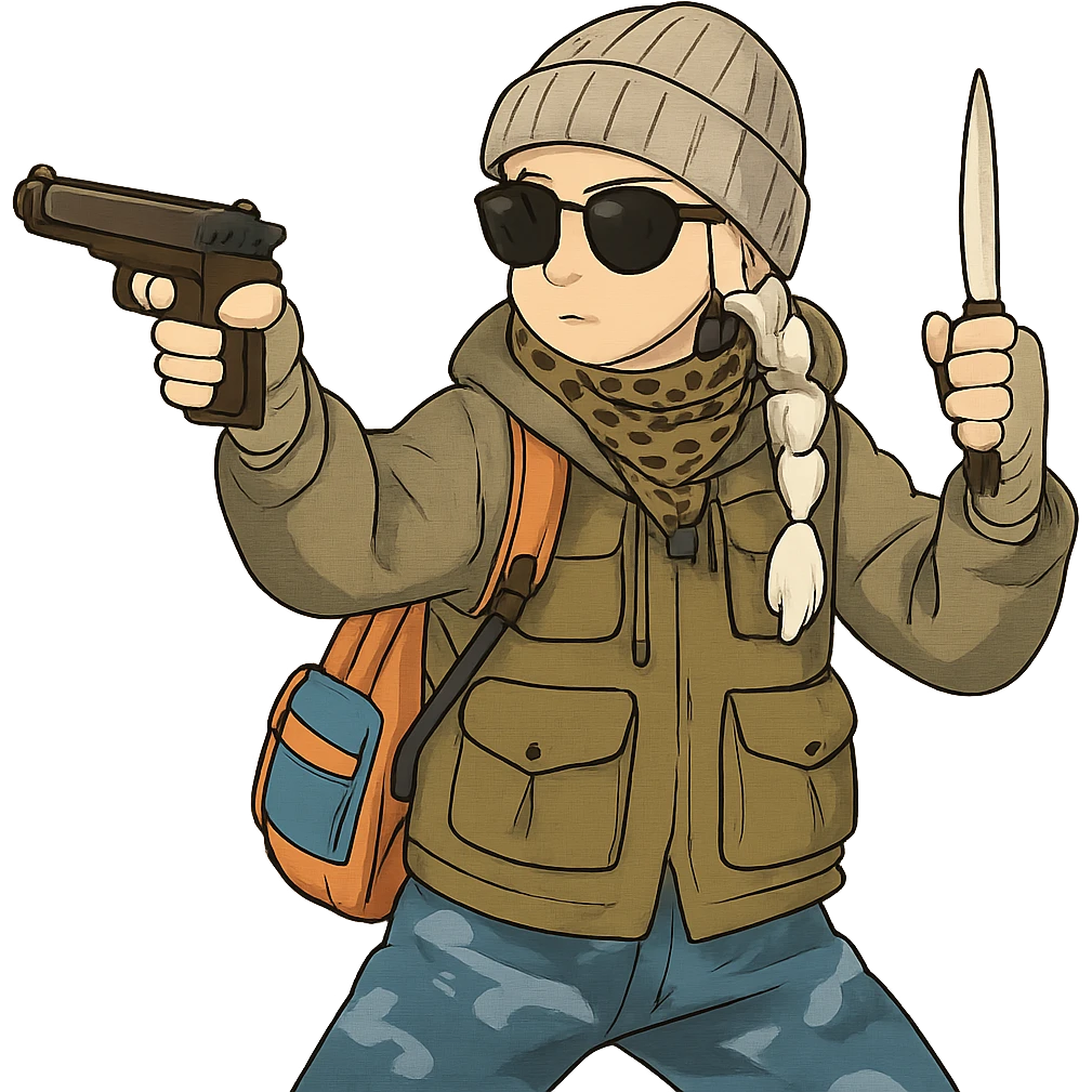 1 female, long white braid, knit cap, dark sunglasses, shemegh neckwrap, fishing vest, vibrant shool backpack, drab hoodie, handwraps, blue camo pants, makarov in 1 hand, bone shiv up and fighting backhand in the other hand emoji