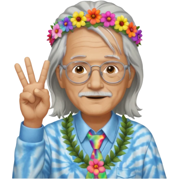 elderly man with long grey hair, glasses, peace sign necklace, tie-dye clothing, flower crown emoji