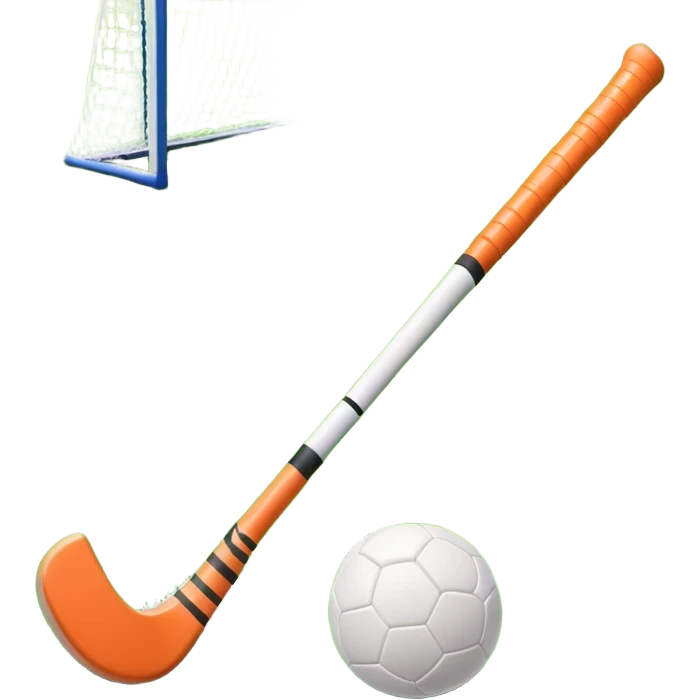 A field hockey stick and ball on a vibrant green grass field, with goalposts and clear field markings in the background. The scene emphasizes the bright, lush grass, highlighting the fast-paced and strategic nature of hockey on a well-maintained pitch. emoji