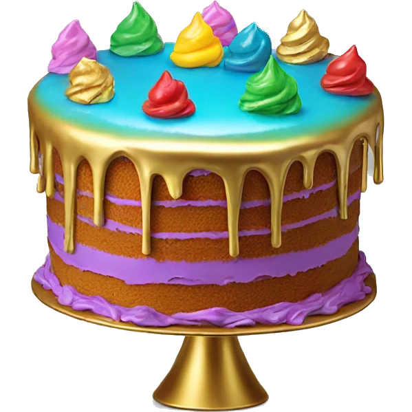 Realistic isolated colorful cake with metallic gold icing dripping from top and all down along the cake emoji