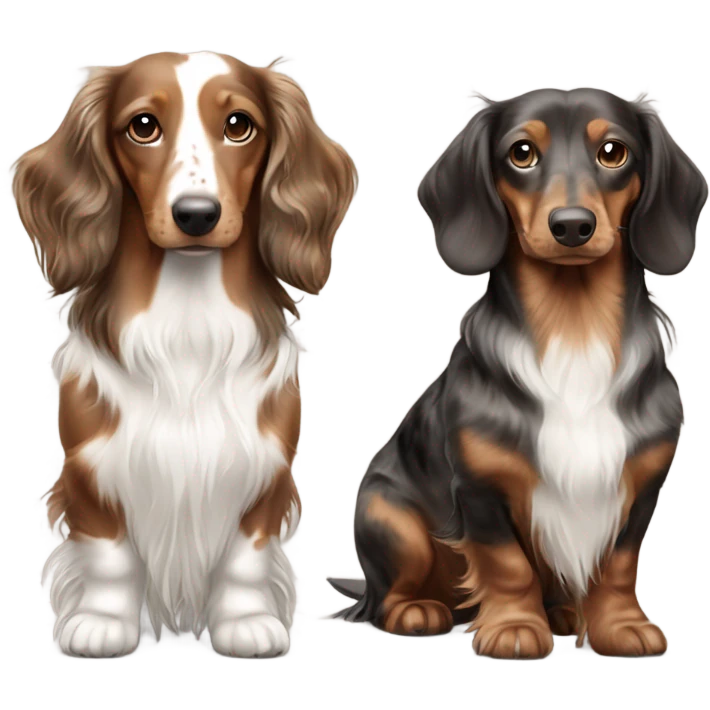 Two brown Merle long haired Dachshunds full body one is smaller emoji