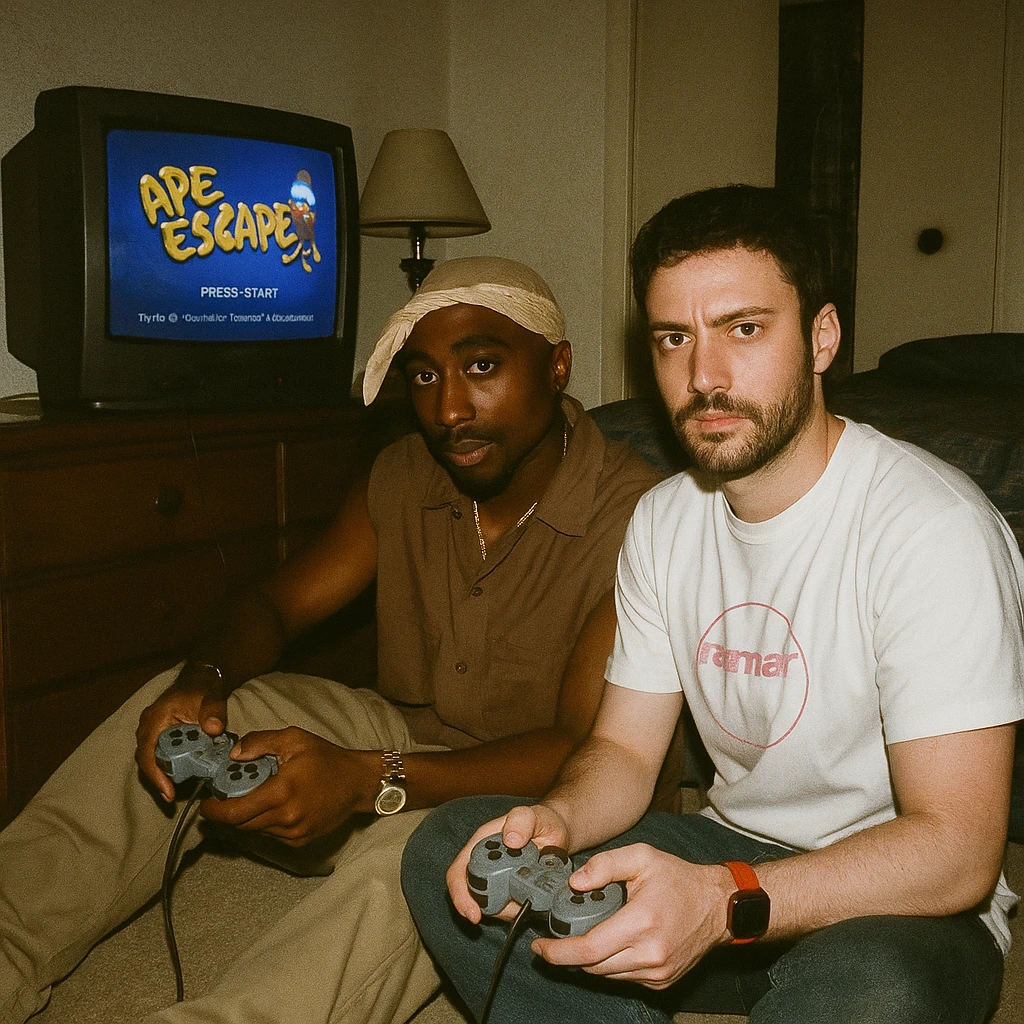 Create a grungy analog photo in 1999 style featuring a famous rapper in Tupac style (not recognizable) and the boy from the reference photo sitting on the floor of a dimly lit bedroom. They are in front of a 90s CRT TV showing Ape Escape on Playstation 1. Both hold Playstation 1 controllers and look towards the camera with flash. The atmosphere is analog, grunge, and unmodified, with the game visible on the screen. emoji