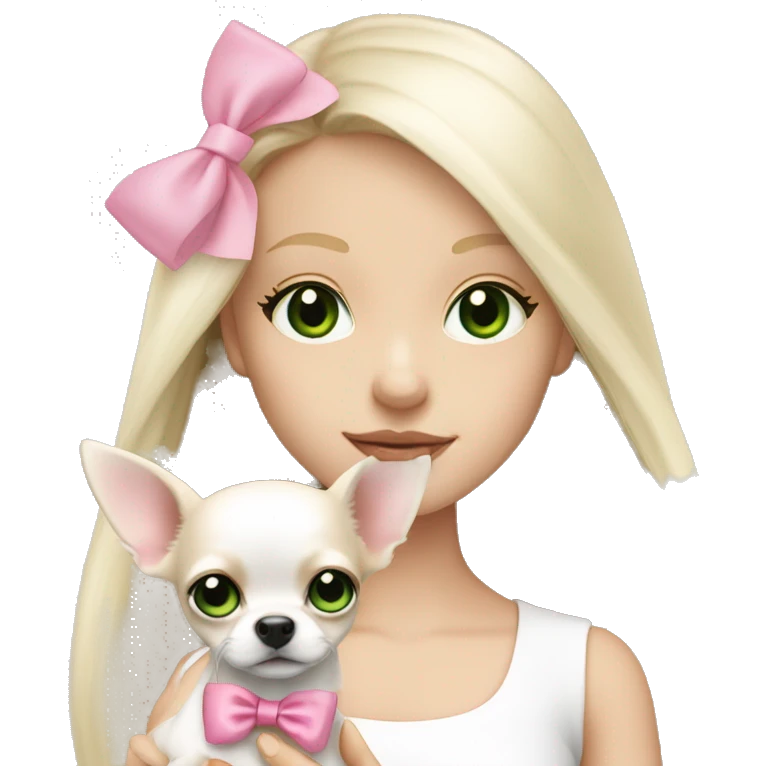 pale blond girl with long platinum hair with green eyes holding a white chihuahua puppy that wearing a pink bow emoji