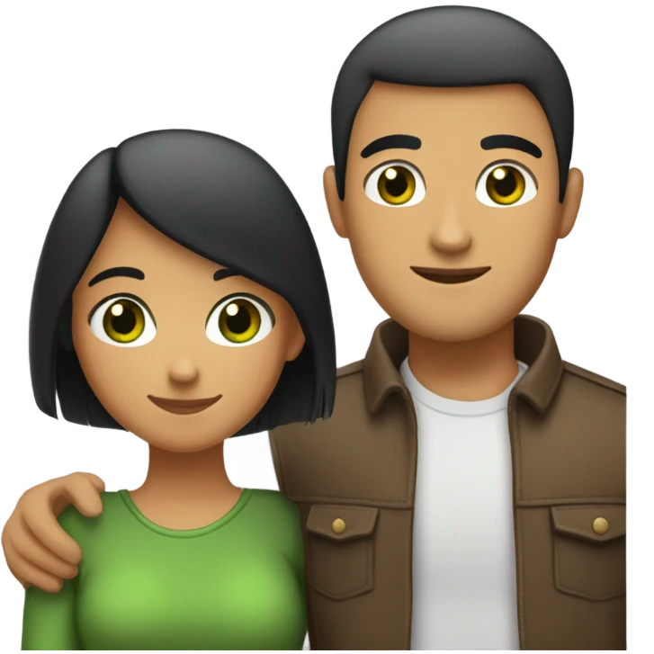 A couple hugging, girl has long black straight hair green eyes medium tan, guy has a buzz cut brown hair green eyes  emoji