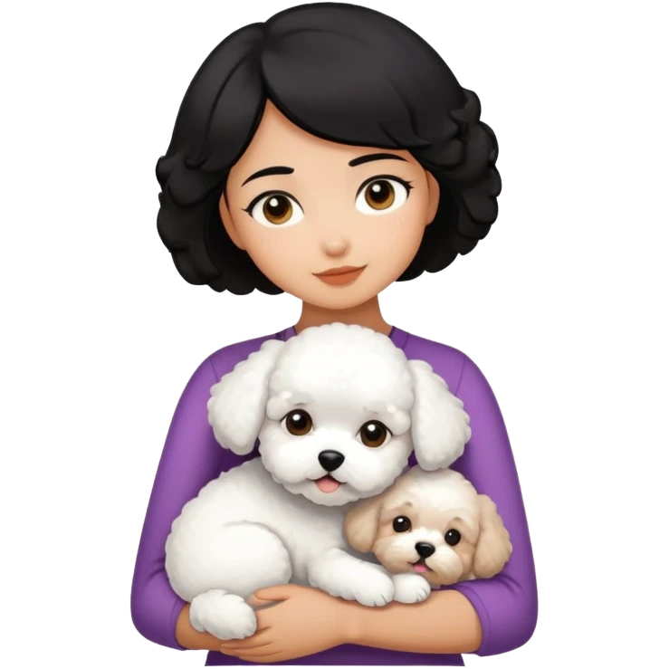 A short black hair girl,hugging a Bichon frise emoji