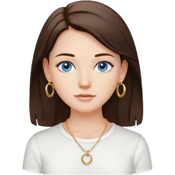 Create an emoji of a pretty white Girl with brunette hair blue eyes faint freckles and medium length hair wearing a white shirt with gold hoop earrings and a gold necklace  emoji