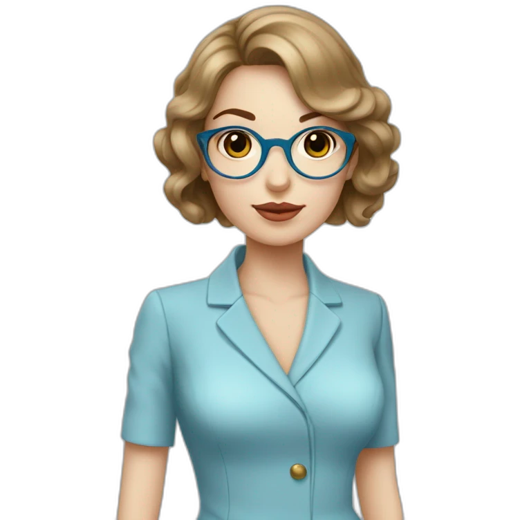 Une femme, yeux bleu amande, tenue chic, avec un bichon dans la main emoji