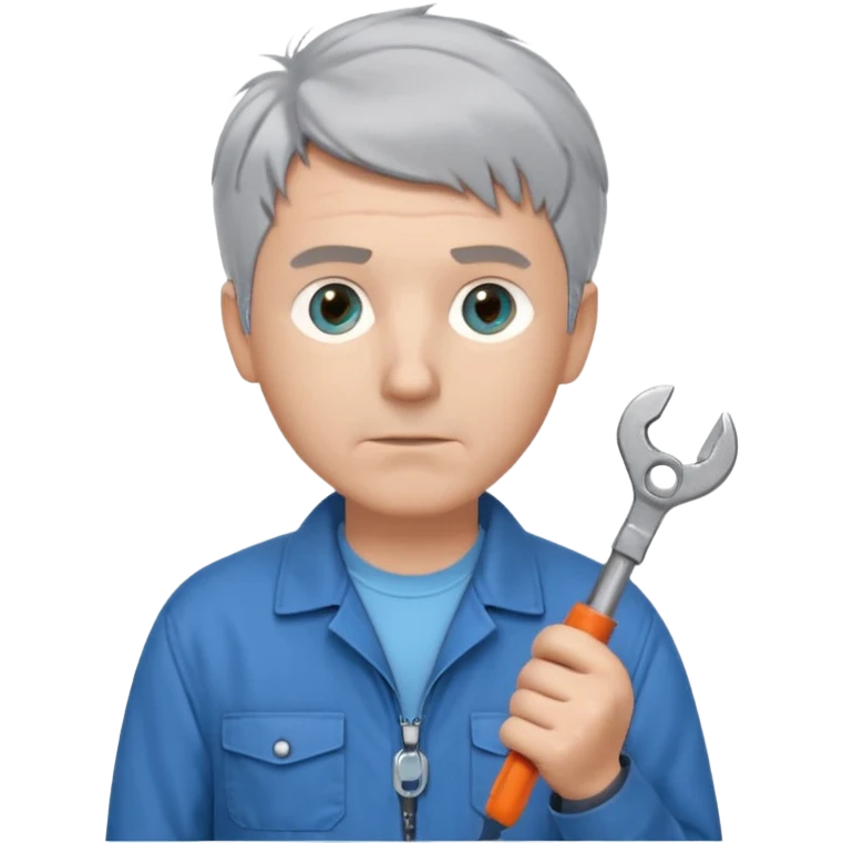 Calm and independent male technician, fair skin, short tousled grey hair, cool light-blue eyes, serious but composed expression, wearing a blue work jacket over a grey t-shirt, holding a wrench in one hand and a mechanical gear in the other, waist-up, front-facing emoji