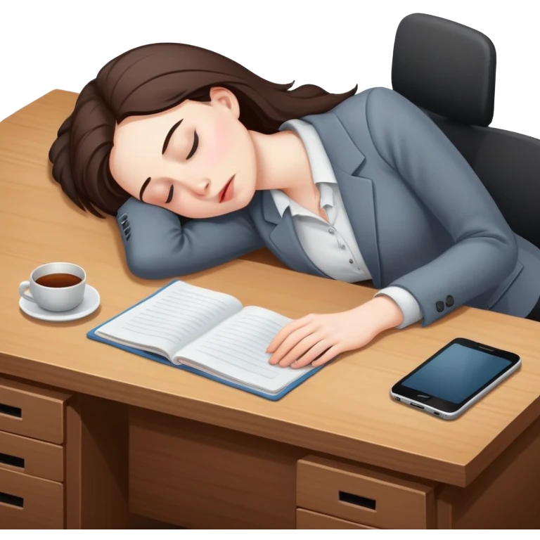 Exhausted office worker woman napping at plain desk, no computer emoji