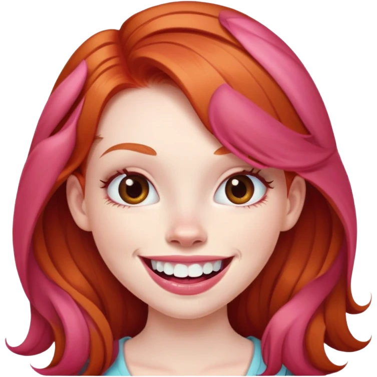 Young girl with pale skin, full pink lips smiling with big teeth, ginger red hair (very long), bigger nose, deep brown eyes (less green), big mouth emoji