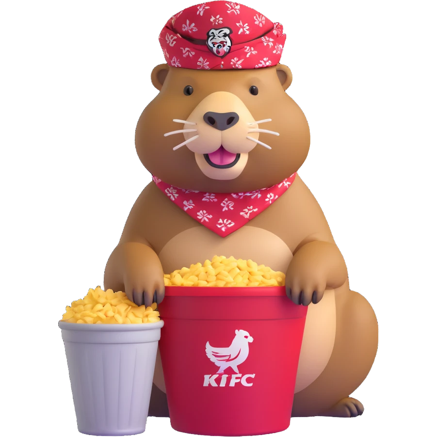 Muscular capybara with Johnny Depp features, goatee, bandana, earrings, sitting in a KFC bucket emoji