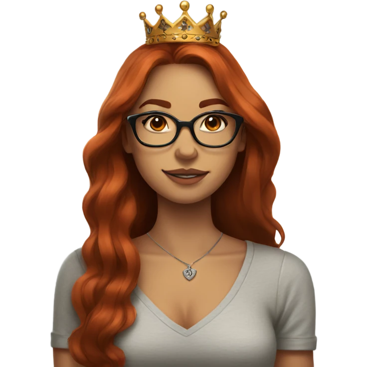 Beautiful girl with long auburn hair, wearing glasses and a crown, and tattoos emoji