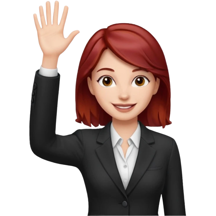 reate Emoji of white girl with bussines outfit is waveing with one hand and make her hair stronger dark red color please emoji