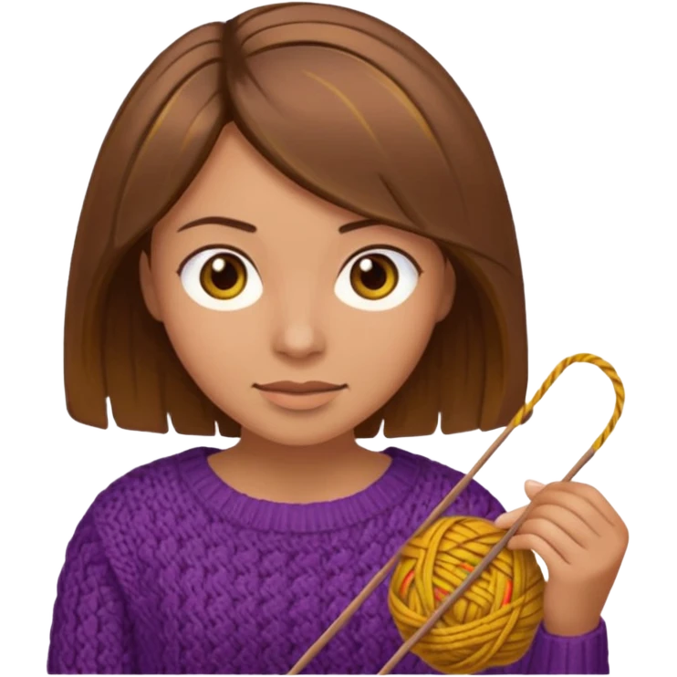  Woman with brown bobbed  hair and highlights light brown eyes no glasses tangked yarn  Knitting emoji emoji