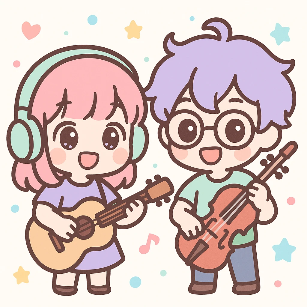 Maretu and Xydrick as chibi musicians, playful expressions, holding musical instruments, colorful background emoji