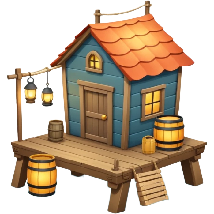 
fisherman house on a wooden pier, small dock, fishing nets hanging, barrels, lantern, ocean vibe, 3D cartoon, cute mobile game icon, clean background, no text
 emoji