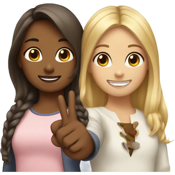 A girl with blond hair and a girl with brown hair doing the peace sign together  emoji