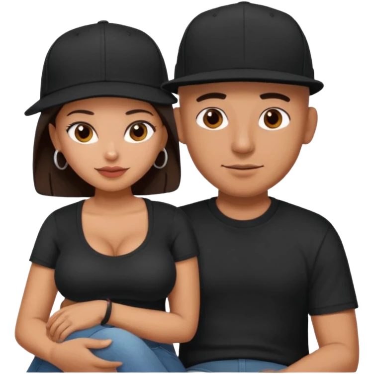 A picture of a tanned couple. the man is a Mexican man with tanned skin, with a bald hair cut wearing a SnapBack hat and a black shirt. the woman on his lap has thick dark brown hair and with big naked boobs that he is grabbing emoji