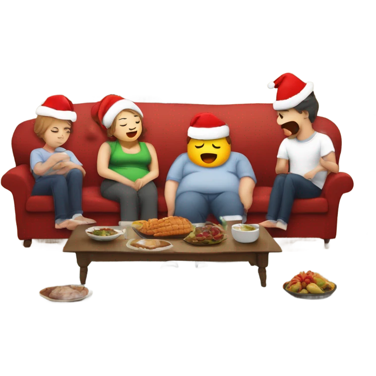 Family on couch wearing Christmas hats. Two people sleeping. One person burping with speech bubble saying ‘burp’. All with fat belly’s. Christmas dinner and turkey on the floor.  emoji