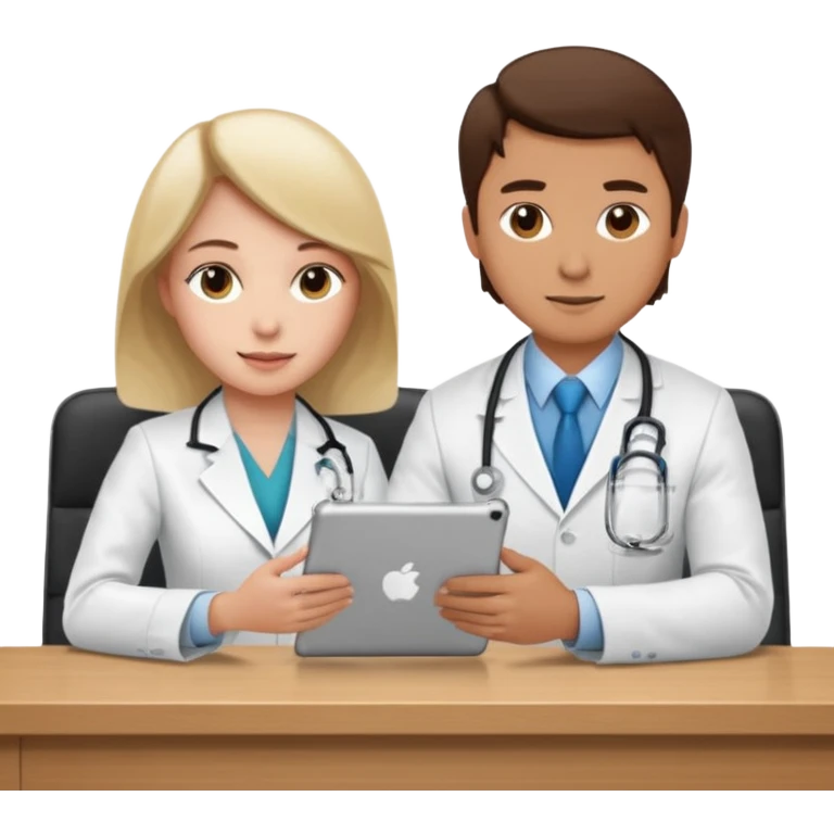 A sales rep showing content on and iPad to a physician who is sitting behind a desk emoji