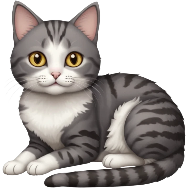 full body tiny short hair dark grey and white cat with hazel eyes lying down emoji