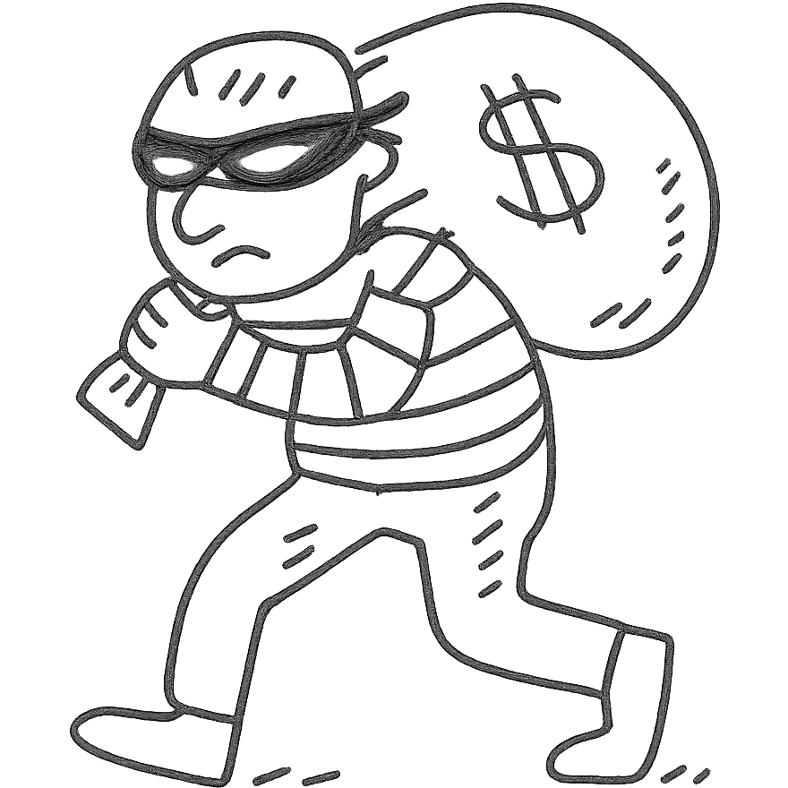 A thief with a bag of money on his back, wearing a striped suit and a black eye mask emoji