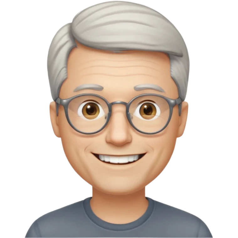 40 yr old pale white man, grey side swept hair, round glasses, big smile, white teeth, handsome, longer hair, thin glasses, no wrinkles emoji