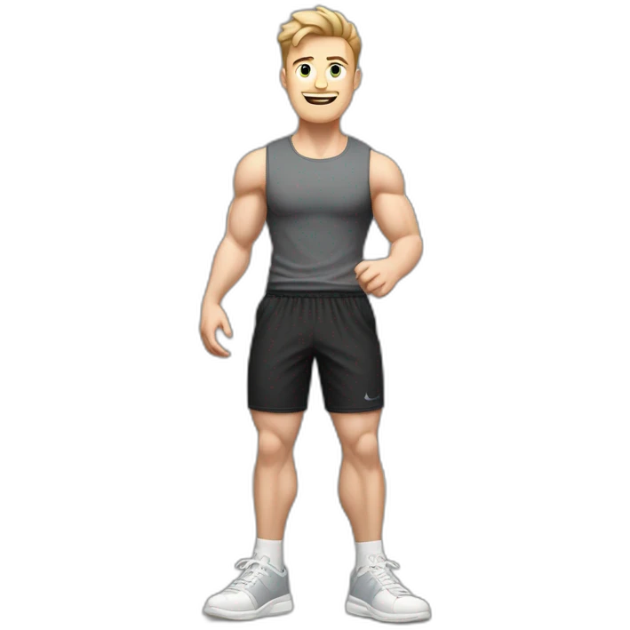 Full height Actively gesturing with hands Pale skinned Fit Man With the biceps and light brown hair with Bristle in dark gray Sleeveless Mike, black oversize sports shorts and white Sneakers emoji