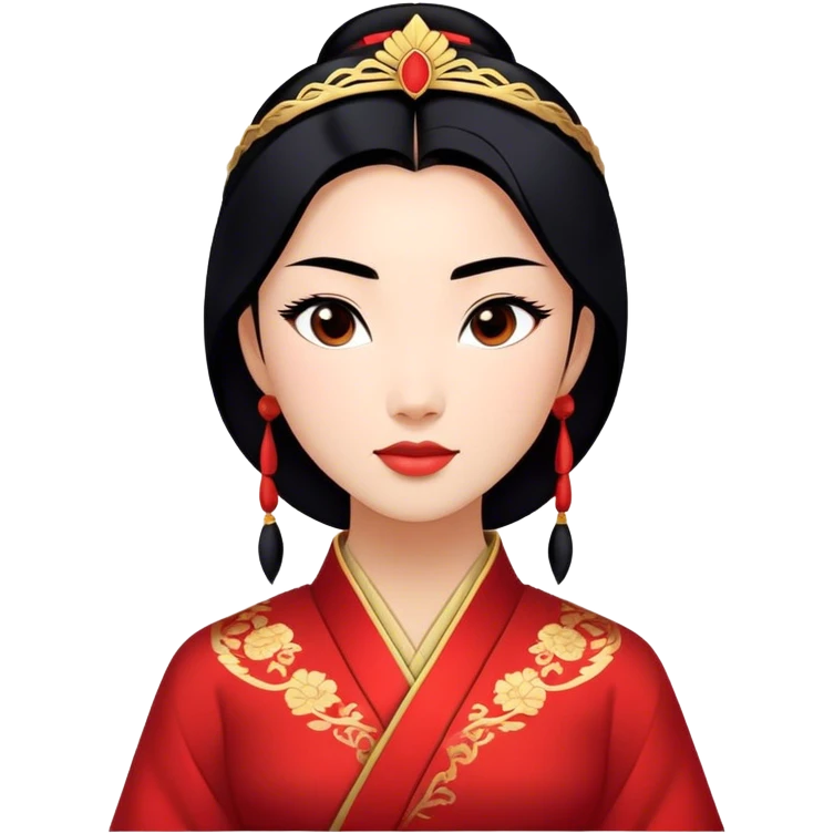 Cinematic Majestic Mulan Portrait Emoji, rendered in a clean, vector-style with bold, simplified shapes. Depict Mulan with a serene, noble expression, warm light skin, and neatly styled black hair, dressed in traditional attire featuring subtle red motifs and gold trim. The image glows with a calm, majestic aura, high shine, and a soft glowing outline, embodying classic elegance. emoji