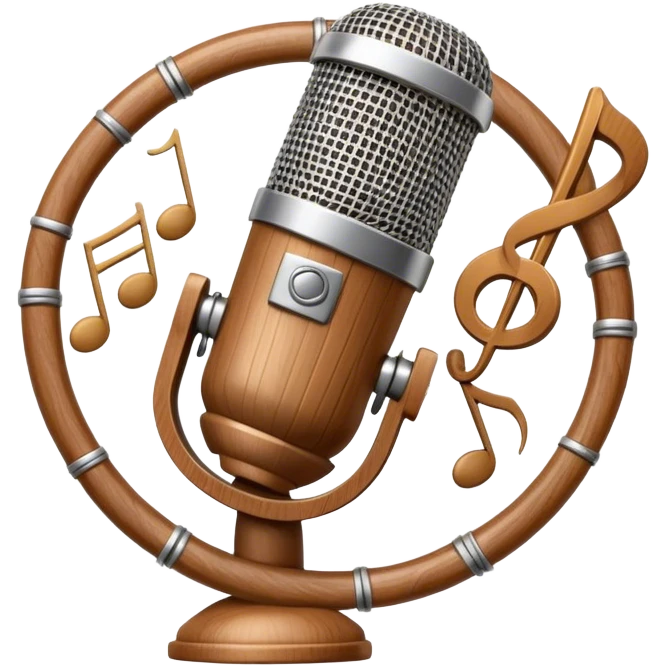 Create a warm and inviting humanless emoji representing folk singing. The design should feature a traditional microphone, perhaps with a wooden texture, symbolizing the rustic and authentic feel of folk music. Surround the microphone with subtle elements such as a hand-played tambourine, an accordion, or a balalaika to reflect the folk instruments. Add flowing musical notes to symbolize the vocal melodies. Use earthy, natural colors like browns, reds, and greens to evoke a sense of tradition, warmth, and connection to the community. The background should be transparent. emoji
