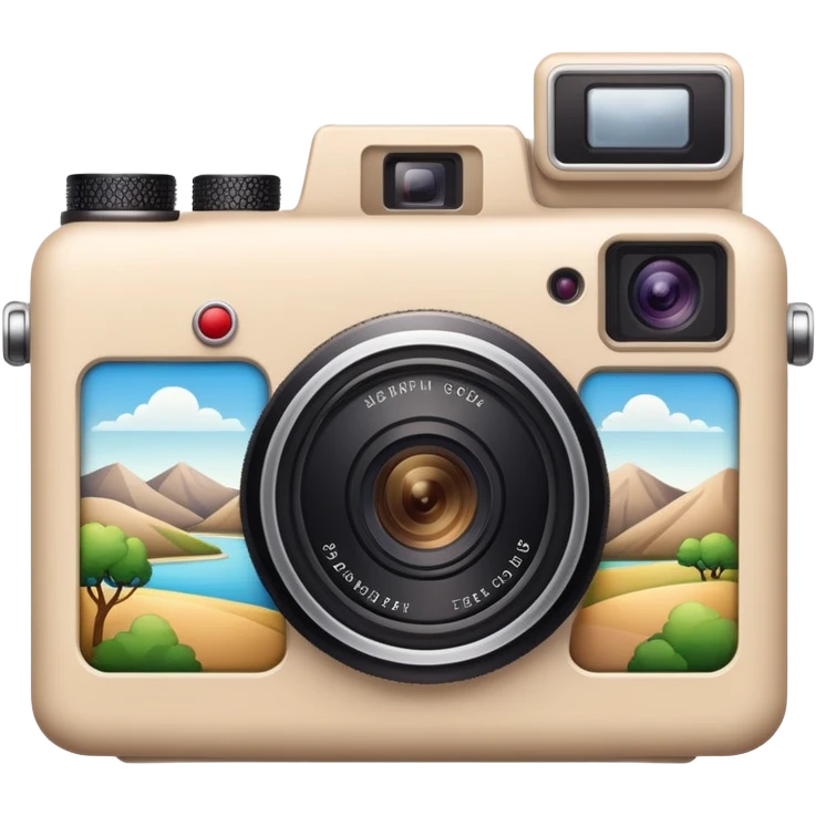 A beige camera with a landscape photo next to it. emoji