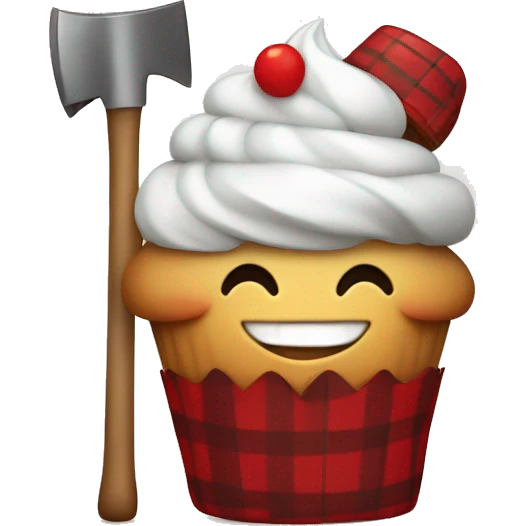 Happy cupcake wearing red plaid and holding an axe  emoji