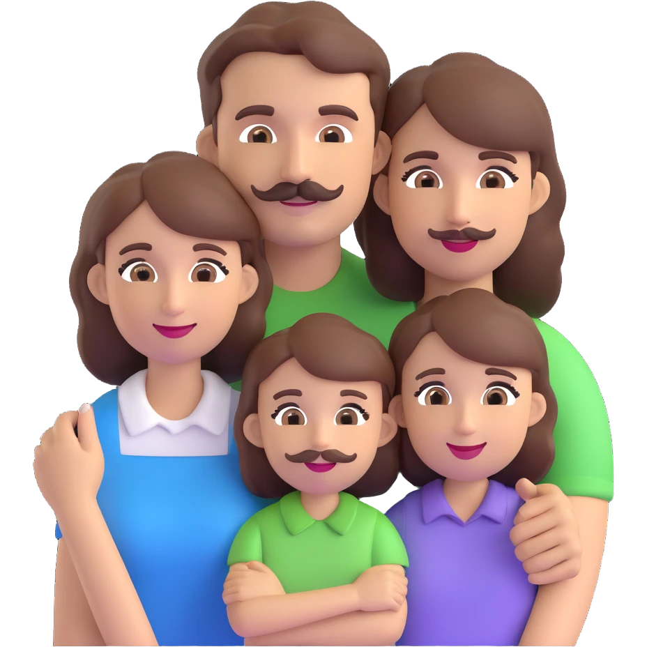 a family of three: mom with brown hair, dad with brown hair and a mustache, and a brown-haired daughter, all together, friendly 3D emoji style emoji