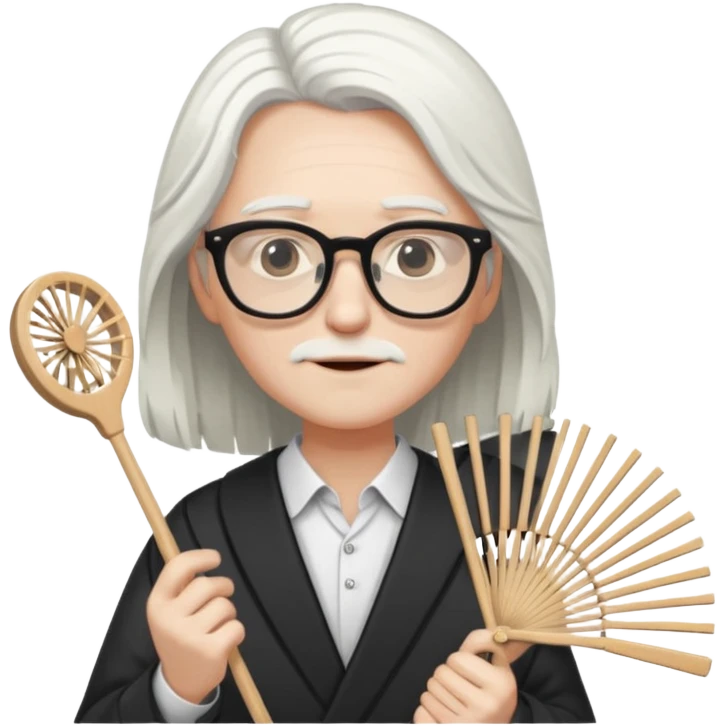 long white haired folding fan holder with glasses emoji