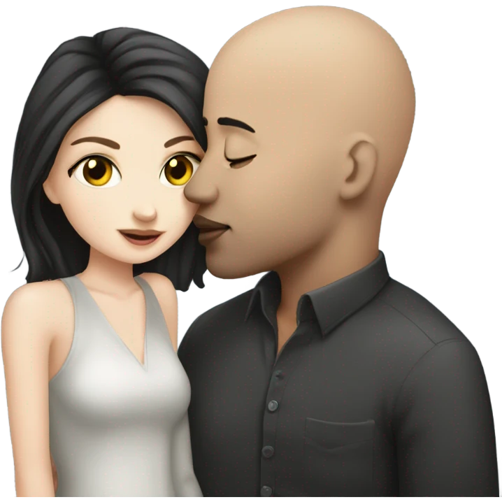 White girl dark hair kissing bald black man emoji