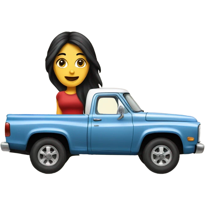 A white lady with long black hair, driving an older red pick up truck emoji