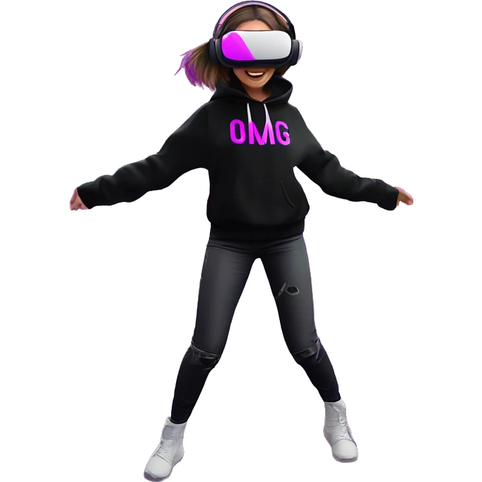 Russian girl wearing black hoody with violet letters "OMG", in vr headset oculus quest2. Dancing. Cyberpunk style. Violet neon. emoji