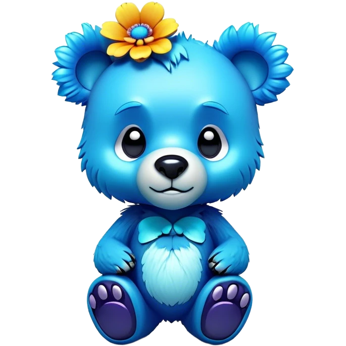 3D, adorable little Pixar style blue neon punk bear with a flower, ultra detailed, each lash, eye, and strand of fur is shown in stunning detail as though captured in a timeless photograph, rich textures, visually rich, so lifelike it feels like it could leap off the page at any moment emoji